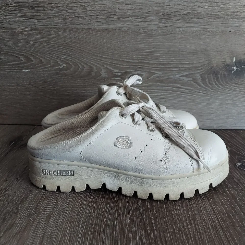 Vintage Y2K Skechers Chunky Platform Mules White Rhinestone Slip-on Sneaker 6